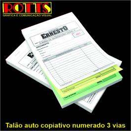 Talão autocopiativo numerado 3 vias Papel Offset 53g/m² 10,5x14,8 cm 1x0 1ª Via Papel Autocopiativo Branco 2ª Via Papel Autocopiativo Amarelo 3ª Via Papel Autocopiativo Azul Blocagem 50x3 vias, Numeração, Serrilha, Grampo e Refile 