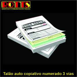 Talão autocopiativo numerado 3 vias Papel Offset 53g/m² 14,8x21 cm 1x0 1ª Via Papel Autocopiativo Branco 2ª Via Papel Autocopiativo Amarelo 3ª Via Papel Autocopiativo Azul Blocagem 50x3 vias, Numeração, Serrilha, Grampo e Refile 