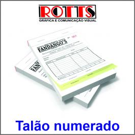 TALÃO NUMERADO Papel Offset 56g/m² 10,5x14,8 cm 1X0  Acabamento: Blocagem 50x2 Vias, Numeração, Serrilha, Grampo e Refile 