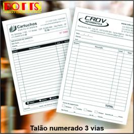 Talão numerado 3 vias Papel Offset 56g/m² 14,8x21 cm 1x0 1ª Via Papel Offset Branco 2ª Via Papel Offset Amarelo 3ª Via Papel Offset Azul Blocagem 50x3 Vias, Numeração, Serrilha, Grampo e Refile 